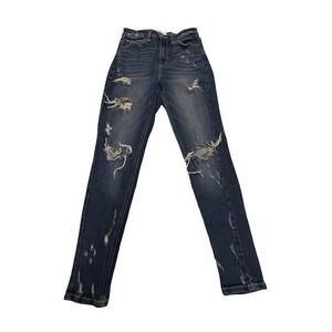 KanCan Distressed Skinny Jeans Women's 1/24 Mid Rise Ripped Dark Wash‎ Denim